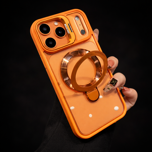 Carcasa iPhone 17 Pro Max, Protección de Cámara Transparente, Soporte Metálico , magsafe , naranja