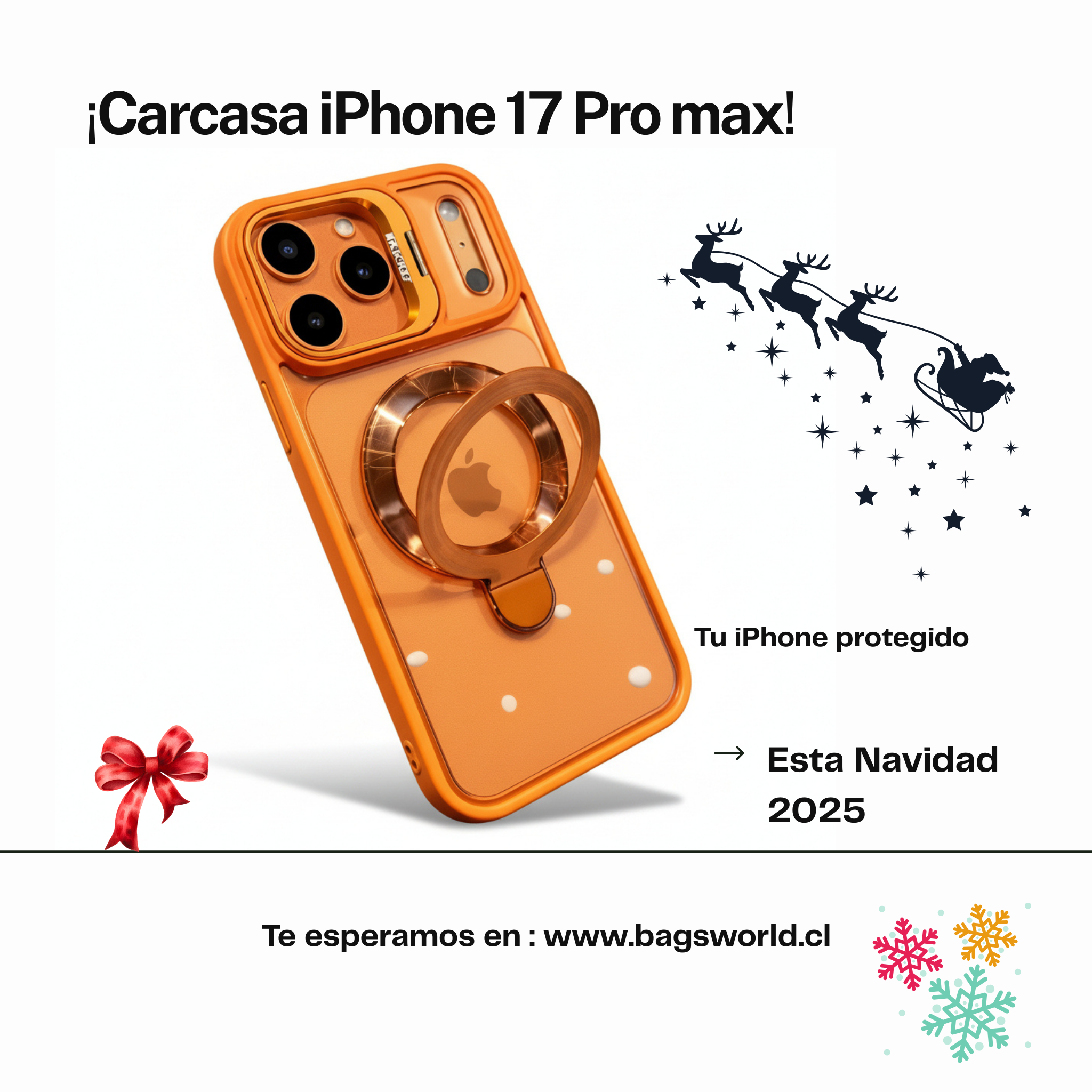 Carcasa iPhone 17 Pro Max, Protección de Cámara Transparente, Soporte Metálico , magsafe , naranja