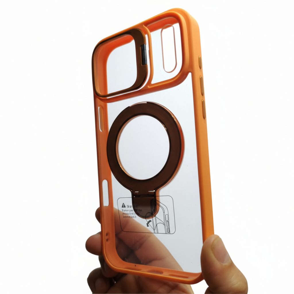 Carcasa iPhone 17 Pro Max, Protección de Cámara Transparente, Soporte Metálico , magsafe , naranja