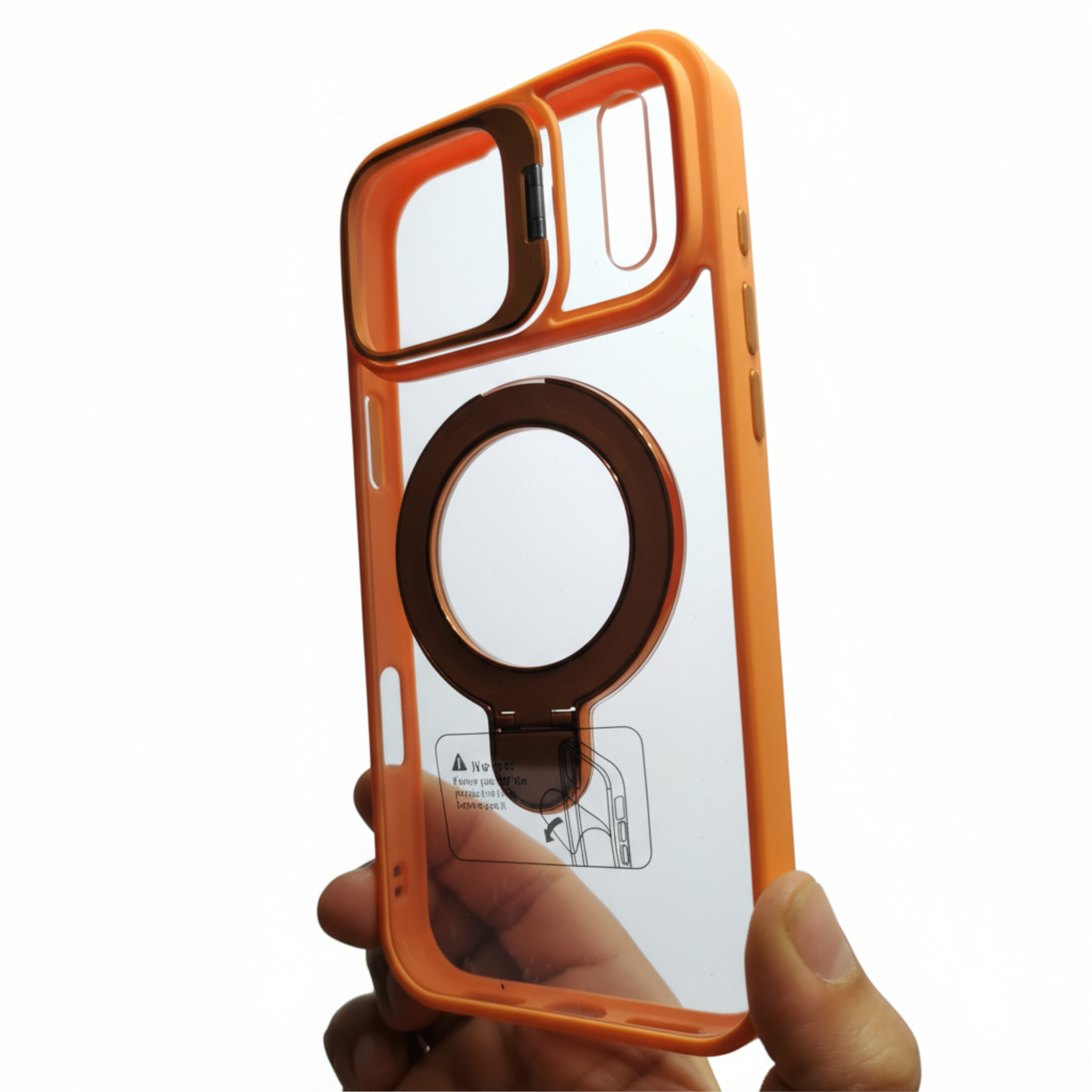 Carcasa iPhone 17 Pro Max, Protección de Cámara Transparente, Soporte Metálico , magsafe , naranja