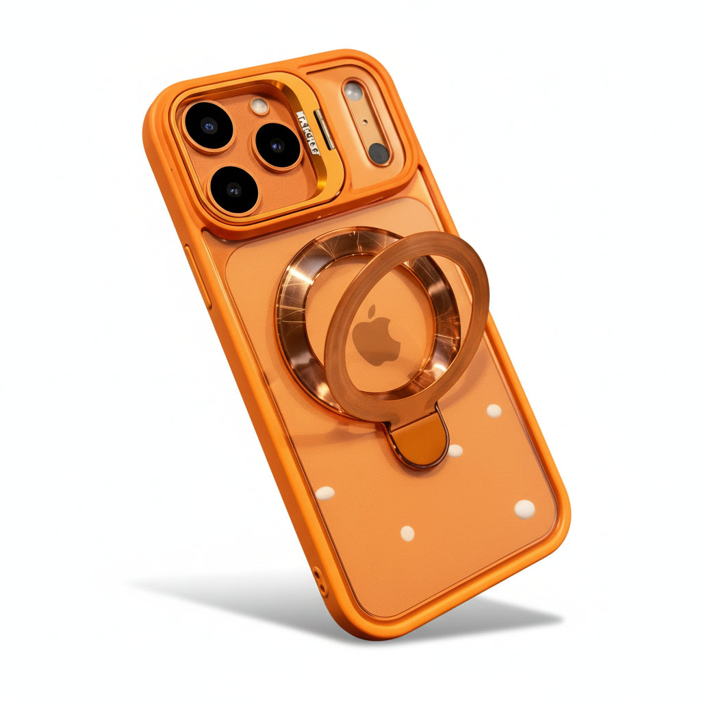 Carcasa iPhone 17 Pro Max, Protección de Cámara Transparente, Soporte Metálico , magsafe , naranja